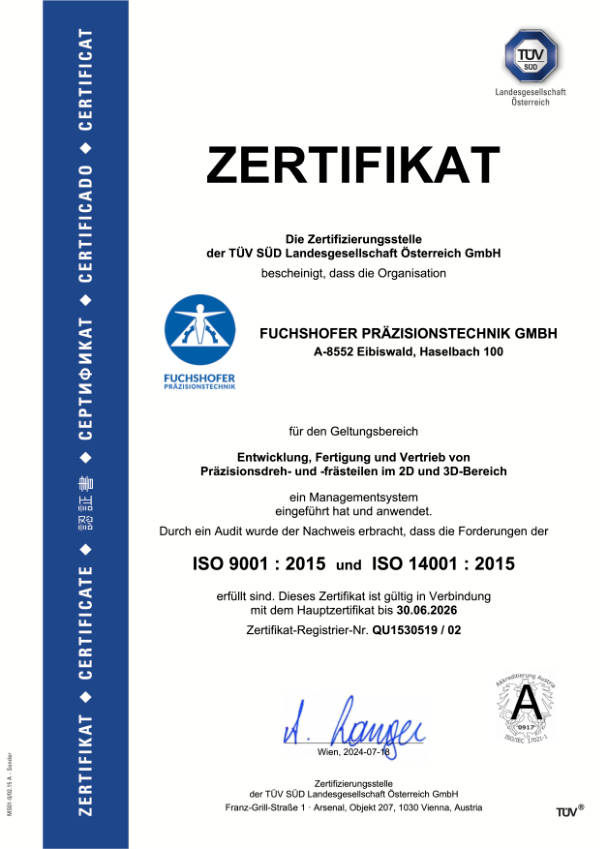 Zertifikat A4 ISO 900114001 Fuchshofer Prazision d