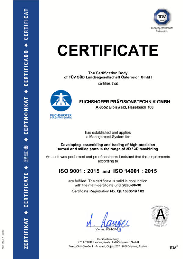 Zertifikat A4 ISO 900114001 Fuchshofer Prazision e