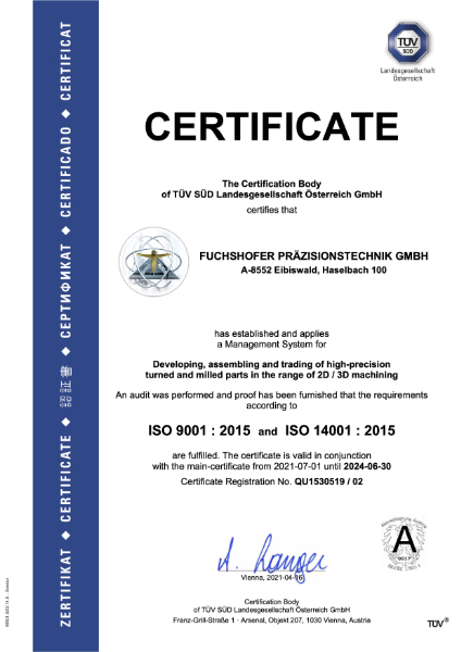 Zertifikat A4 ISO 900114001 Fuchshofer Prazision e 2020