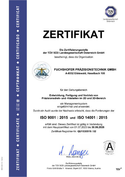 Zertifikat A4 ISO 900114001 Fuchshofer Prazision d 2020