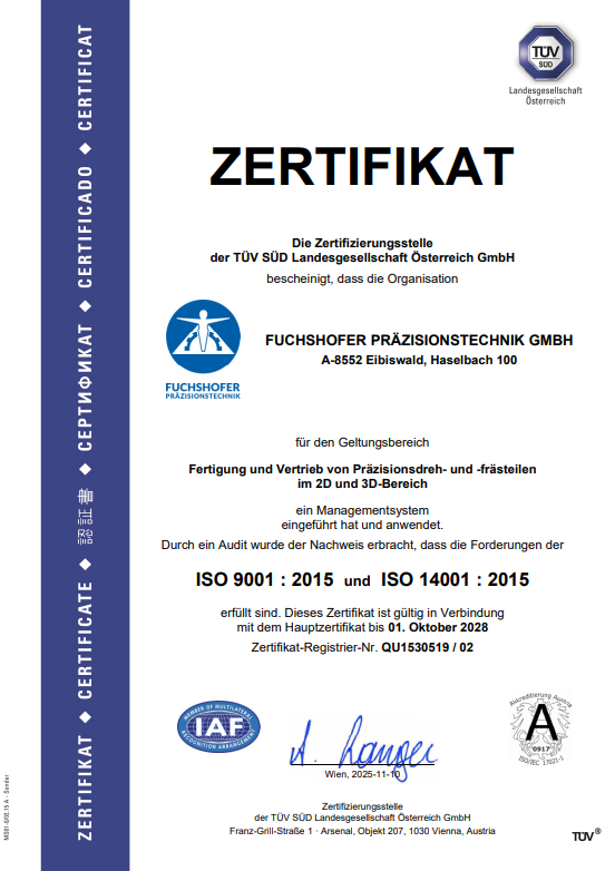 Zertifikat A4 ISO 900114001 Fuchshofer Prazision e