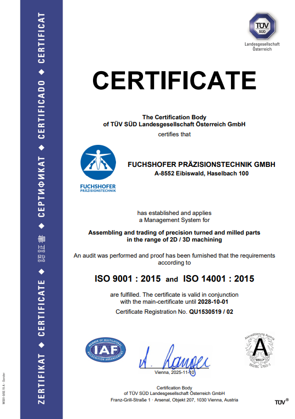 Zertifikat A4 ISO 900114001 Fuchshofer Prazision e