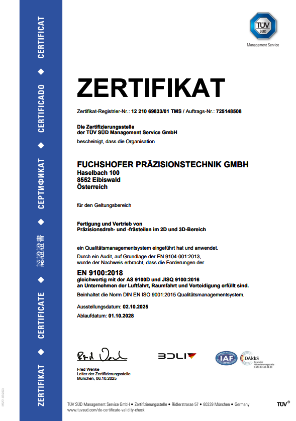 Zertifikat A4 ISO 900114001 Fuchshofer Prazision d