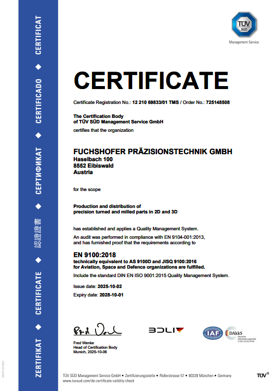 Zertifikat A4 ISO 900114001 Fuchshofer Prazision d